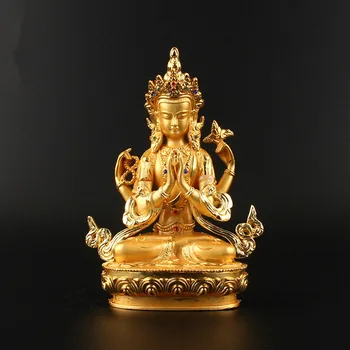 14,8 cm Zlitine Kovin, pozlačeni Budistični Dobavitelji Avalokitesvara Bodhisattva Štiri Roke Guanyin Tibera Slika Kip Bude