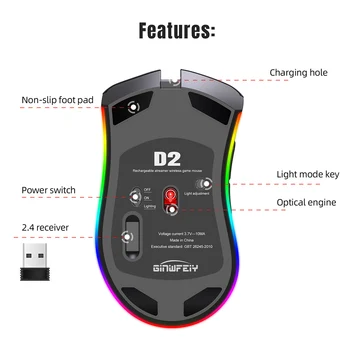 2,4 GHz Wireless Mouse 7 Gumb RGB Osvetljen Optični Računalnik Gaming Miška Lahke, Votle-iz Lupine Igralec Miši Za Prenosni RAČUNALNIK