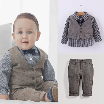 2019 jeseni Otrok kompleti oblačil preppy stil Otroci obleko dojenček fant obleko določa obleko majice+telovnik+hlače+lok kravato 4pcs nastavite qz5078