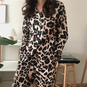 2020 Jeseni Novi korejski Elegantna Loungewear Dolgo sleeved Leopard Tiskanja Seksi Domov Nosijo Pižamo Obleko, dvodelno, Ženske Bombažno Pižamo