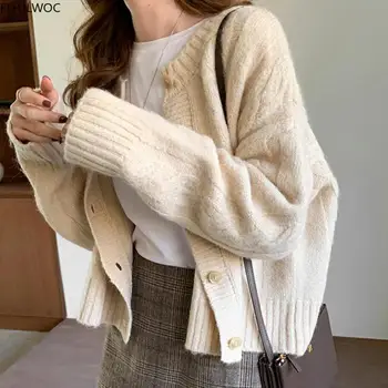2020 Jeseni, Pozimi Priložnostne Ohlapna Vrhnja Obleka Koreja Japonska Slog Dolg Rokav Beloprsi Singl Gumb O Vratu Pleteni Pulover Brezrokavniki