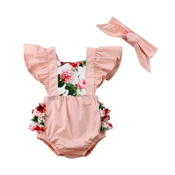 2020 Malčka Malčke Baby Dekleta Poletje Cvetlični Bodysuit Jumpsuit Glavo 2Pcs Obleke Backless Križ Ogrlicom Sunsuit 0-24M