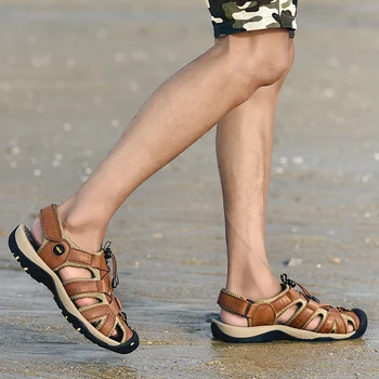 2020 Nova Moda za Moške Sandale Poletje Mehko Plaži Flip Flop Udobno Pravega Usnja Sandali Prostem Moških Roman Sandali Velikost 49