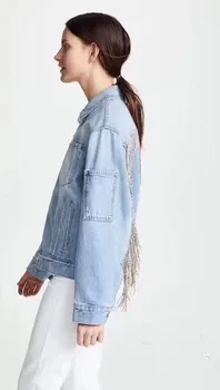 2020 Nove Luksuzne Ročno Beaded Ženske Jeans jackeks moda Težka Industrija Verige Resast Luknjo velikosti Denim Jakna ženske