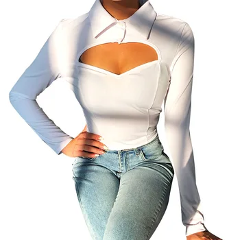 2020 spomladi dolgo majico rokavi ženske Votlih iz nizko-cut majica s kratkimi rokavi ženske vrhovi seksi bele ženske majice slim top korejski priložnostne tshirt