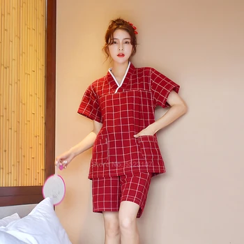 2020 Ženske Spa Sleepwear Bombaž Japonski Kimono Sončenje Pižamo Nastavite Ljubimec je Moški Kariran Vrh Hlače Obleko Sporočilo Oblačila