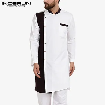 2021 Indijske Obleke, Moške Dolg Rokav Mozaik Majica Kurtas Gumb Stand Ovratnik Dolgo Vrhovi Eleganten Moški Musliman tam kaftan S-5XL INCERUN