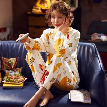 2021 Nove Čisto Bombažno Pižamo Ženske Pomlad Jesen Dolgo sleeved Plus Velikost Homewear Storitev Obleko Lahko Nosite Izven Sleepwear PJS
