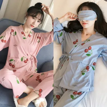 2PCS Japonski Oblačila Sklop Kawaii Natisnjeni Kimono Pižamo Set Home Priložnostne Obrabe Jeseni Sleepwear Ženska Dekleta Pomlad Loungewear sui