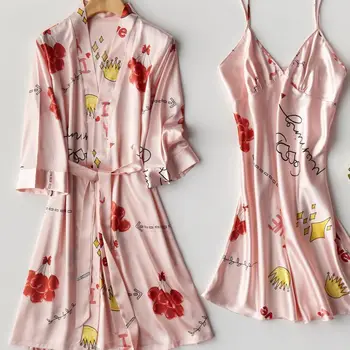 2PCS Mirovanja Nastaviti Nightdress Ženske Kimono Plašč kopalni plašč Saten Nighty&Haljo Obleko Neveste Družico Poroko Haljo Seksi Sleepwear