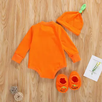 3Pcs Malčka Halloween Obleko Oranžna O-Vratu Dolge Rokave Bodysuits+ Bučna Duha Slip-On Čevlji + Klobuk za Baby Boy Girl 0-18 M