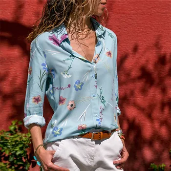 Aachoae Womens Vrhovi in Bluze 2020 Poletje Cvjetnim Tiskanja Bluzo z Dolgimi Rokavi znižuj Ovratnik Urad Majica Blusas Mujer Plus Velikost