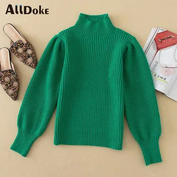 ALLDOKE letnik priložnostne turtleneck pulover ženske jeseni puff rokav pletene džemper urad ženske zelena puloverji potegnite femme