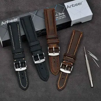 Anbeer Watch Band 18 mm 20 mm, 22 mm,Pravega Usnja Zamenjava Pasu Črni Usnjeni Pasovi Moških Priložnostne Zapestnica
