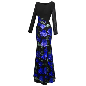Angel-modo Žensk Dolg Rokav Vzorec Modri Cvet Bleščica Beading Večerno Obleko 396
