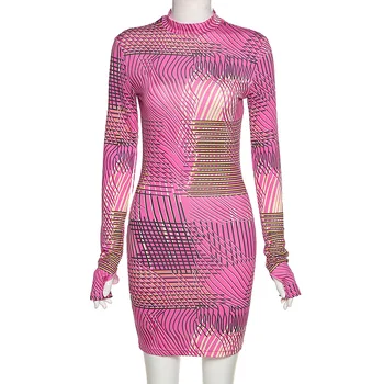 ANJAMANOR Modni Roza Natisnjeni Dolg Rokav Bodycon Mini Obleka Ženske Zimske 2020 Seksi Rojstni Klub Obleke D83-BF19
