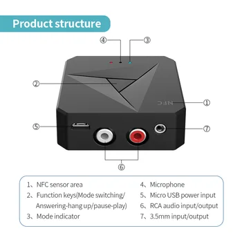 Bluetooth 5.0 Sprejemnik Oddajnik 3.5 mm AUX Priključek RCA Glasbe Brezžična Zvočna kartica za Prostoročno Klicanje Mic NFC Komplet Za Samodejni VKLOP TV