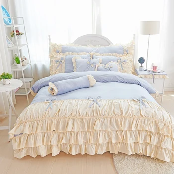 Bombaž, roza, vijolična, kralj, kraljica twin eno Dvojno velikost dekleta posteljnina nabor ruffles korejski posteljo nastavite bedsheet nastavite rjuhe kritje