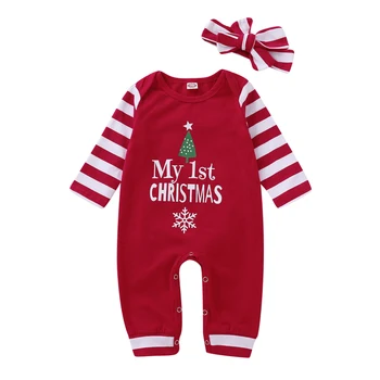 Božič Newborn Baby Dekleta Prugasta Romper Glavo Božič Obleke Pismo Oblačila 0-2T Otroci Božič Obleke
