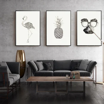 Brez okvirja wall art platno Črno in belo Flamingo ananas platno slikarstvo Skandinavski slog steni plakat za dnevno sobo