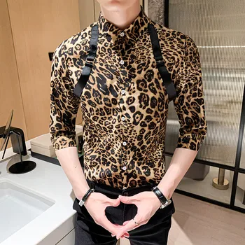 Britanski Stil Moški Majica Fashion Ulične Seksi Leopard Tiskanja Mens Priložnostne Majice Dolg Rokav Slim Fit Bluzo Mens Oblačila 5XL-M