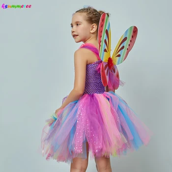 Dekleta Bleščice Tutu Obleko s Krili Metulja & Vila Palico Otroci Rainbow Fairy Stranka, Cosplay Kostum za Dekleta Mavrica Til Obleko