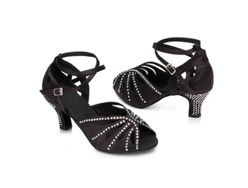 DILEECHI Črno satenasto Žensk okrasnih latinsko plesne čevlje Ballroom ples čevlji mehak podplat kvadratnih plesne čevlje pete 6 cm