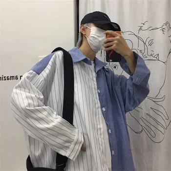 Dolg Rokav Mozaik Mens Majice Kul Harajuku Črtaste Srajce Moški Priložnostne Kul Majice Ulične Mode 2019 Korejski Majica Moški