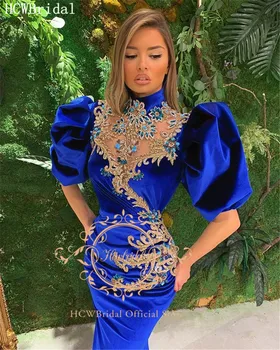 Dubaj Royal Blue Luxury Večerno Obleko Omamljanje Kristalno Žamet Morska Deklica Ženske Pageant Obleke Pol Dolg Rokav Formalno Oblek