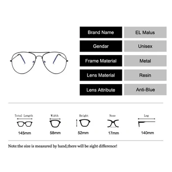 [EL Malus]Retro Moški Ženske Očala blagovne Znamke Oblikovalec Kovin Pilotni Okvir Anti-Modra Optični Jasno, Leče Očala Unisex Očala