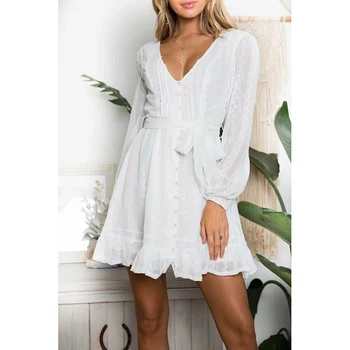 Eleganten poletje ženska mini obleka bela z ruffles in sashes v vratu puff rokavi počitnice plaže kratka ženska stranka obleko