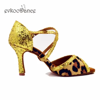 Evkoodance Plesne Čevlje Velikosti, NAM 4-12 Zapatos De Baile leopard nubuck z zlatimi bleščicami, Poklicna 8,3 cm višina pete Evkoo-578