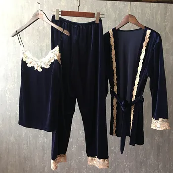Fiklyc blagovne znamke jeseni ženski treh kosov pižamo določa fashion lace cvetlični žamet visoke kakovosti spalne srajce kopalni plašč + pižame sprejemnikov