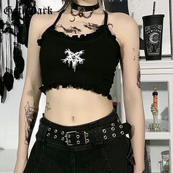 Goth Temno Gothic Estetske Harajuku Camis Črna Center Goth Alternativnih Ženske Grafika, Tiskanje Seksi Crop Tops Ruffles Backless Obleko