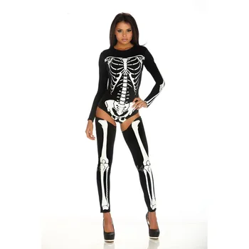 Halloween Duha Okostje Tiskanja Ženske Cosplay Kostum Maškarada Seksi Grozo Kraljica Bodysuit Suspender Podveze Trak Nogavice