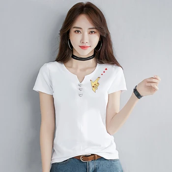 HanWomen beli Proti-vrat kratek sleeved majica s kratkimi rokavi ženske divje svoboden velikosti bombaža t-shirt vrh