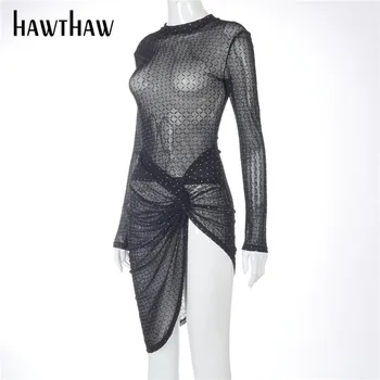 Hawthaw Ženske Jeseni, Pozimi Dolg Rokav Glej Skozi Črno Moda Odprite Vilice Splt Mini Obleka 2020 Ženska Oblačila Ulične