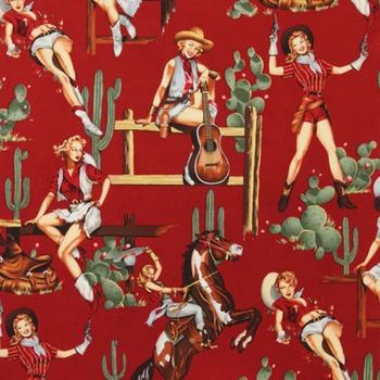 HLQON bombaža, Tiskane poplin Rdeče zahodni dekle tkanine za DIY šivanje oblačil tapetništvo ženske poročno obleko