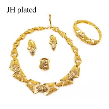 JHplated Nigerija Dubaj Moda zlato barvo, nakit sklopov Afriške poročno darilo stranka za ženske Ogrlico, Zapestnico, uhane, prstan