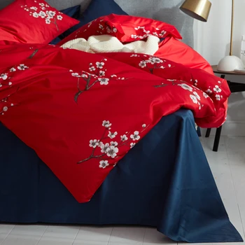 Kitajska rdeča Plum blossom Luksuzni Princesa Posteljnina Nabor Egiptovski Bombaž Rjuhe Kritje Posteljo Stanja Pillowcases Kraljica Kralj Velikost 4pcs #a