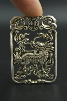 Kitajski Okrašena Čudovito Miao Srebro Carving Veren Kylin Redko Srečo, Obesek