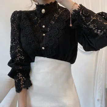 Korejski Dame Majica Jeseni Leta 2020 Francoski Svoboden Moda Gumbe, Čipke Votlih Cvet Šivanje Dolg Rokav Stojalo Ovratnik Shirt Bluzo