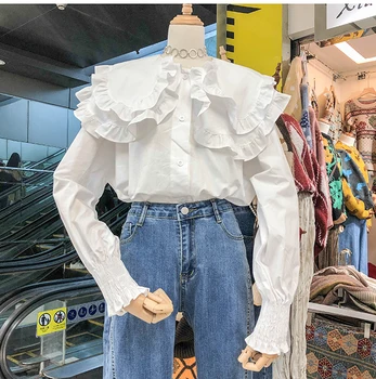Korejski Jeseni Ruffles Ženske Bele Shirts2020 Nov Modni Priložnostne Dolg Rokav Peter pan Ovratnik Ženske Bluze za Ženske Elegantne Blusa
