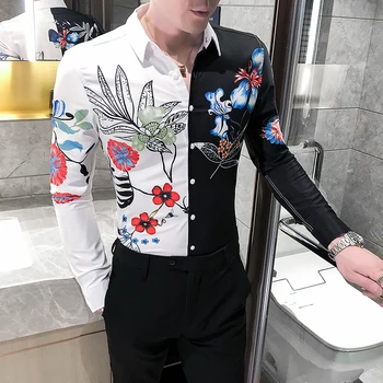 Korejski Moda Mozaik Design Rokavi Moški Dolg Rokav Korejski Slim Fit Moški Cvetlični Priložnostne Srajce Nočni Klub Jopičem Obleko Bluze