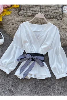 Korejski Puloverju Bluze Stripe V-neck Dolgo Luč Sleeve Majica Lok Kravato Vitek Pas Ruffle Blusas Ženske Elegantne Vrhovi 2020 Pomlad