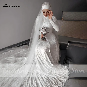 Lakshmigown Čipke Haljo De Mariage Dolg Rokav Črto Muslimanskih Poročno Obleko z hidžab poročne obleke plus velikost Vestidoe De Noiva