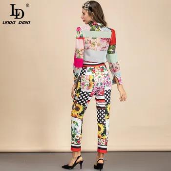 LD LINDA DELLA 2021 Oblikovalec Poletje Moda Obleko za Ženske z Dolgimi rokavi Cvjetnim tiskanja Šifon Bluzo in Hlače 2 Dveh Kosov Set