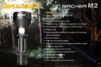MAXTOCH Archer M2 2000lm, 600 m+, Luminus SST-40-W P2 LED,Stepless Zatemnitev Funkcijo Gorilnik, Stranski Preklop Taktično Svetilko