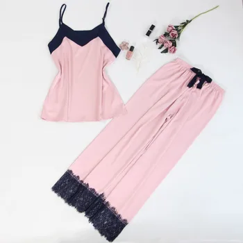 MECHCITIZ 2019 svile ženske pižame določa pomlad kopalni plašč vrhu in hlače 3 kosov pijamas čipke homewear haljo domov oblačila obleko