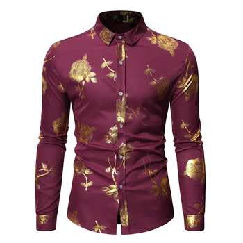 Mens Gold Rose Cvjetnim Natisniti Majice 2019 Blagovne Znamke Cvetlični Steampunk Bela Srajca Dolg Rokav Svate Porjavelost Camisa Masculina